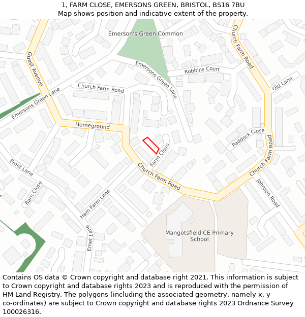 1, FARM CLOSE, EMERSONS GREEN, BRISTOL, BS16 7BU: Location map and indicative extent of plot