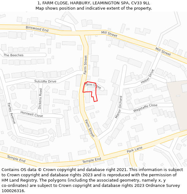 1, FARM CLOSE, HARBURY, LEAMINGTON SPA, CV33 9LL: Location map and indicative extent of plot