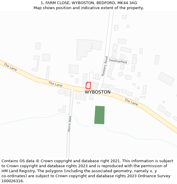 1, FARM CLOSE, WYBOSTON, BEDFORD, MK44 3AG: Location map and indicative extent of plot