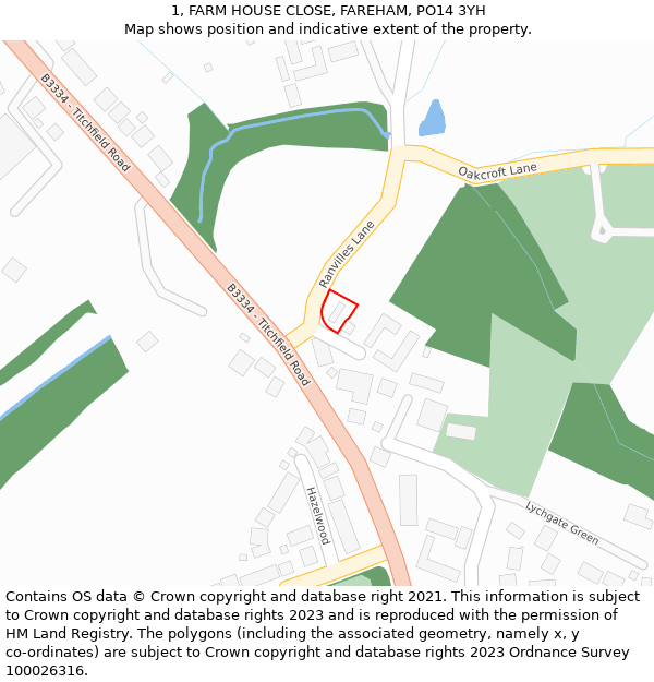 1, FARM HOUSE CLOSE, FAREHAM, PO14 3YH: Location map and indicative extent of plot