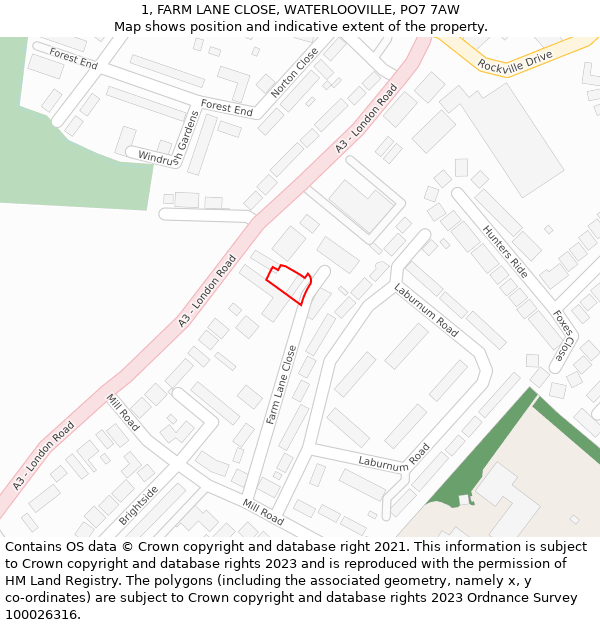 1, FARM LANE CLOSE, WATERLOOVILLE, PO7 7AW: Location map and indicative extent of plot