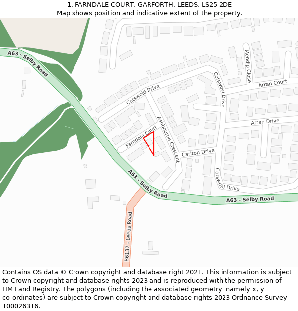 1, FARNDALE COURT, GARFORTH, LEEDS, LS25 2DE: Location map and indicative extent of plot