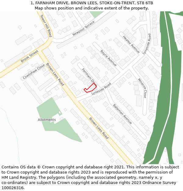 1, FARNHAM DRIVE, BROWN LEES, STOKE-ON-TRENT, ST8 6TB: Location map and indicative extent of plot