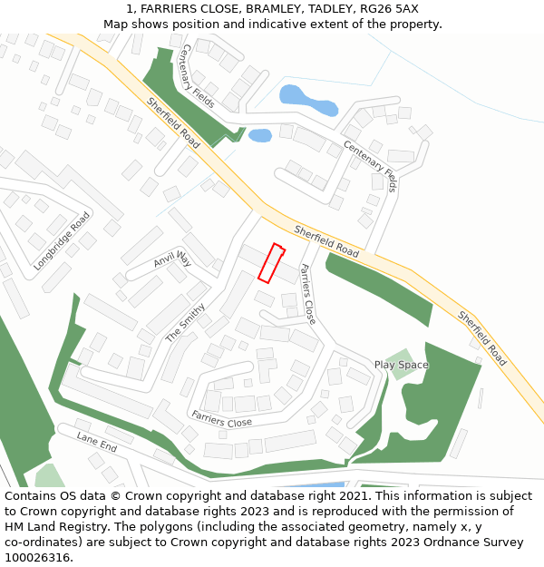 1, FARRIERS CLOSE, BRAMLEY, TADLEY, RG26 5AX: Location map and indicative extent of plot