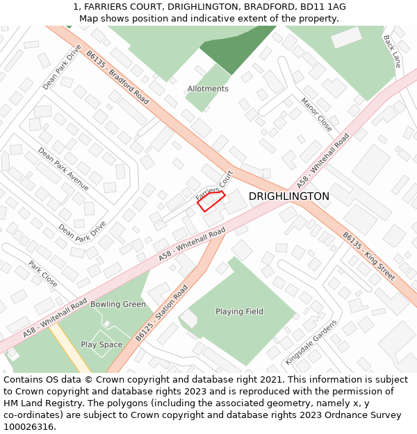 1, FARRIERS COURT, DRIGHLINGTON, BRADFORD, BD11 1AG: Location map and indicative extent of plot