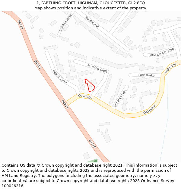 1, FARTHING CROFT, HIGHNAM, GLOUCESTER, GL2 8EQ: Location map and indicative extent of plot