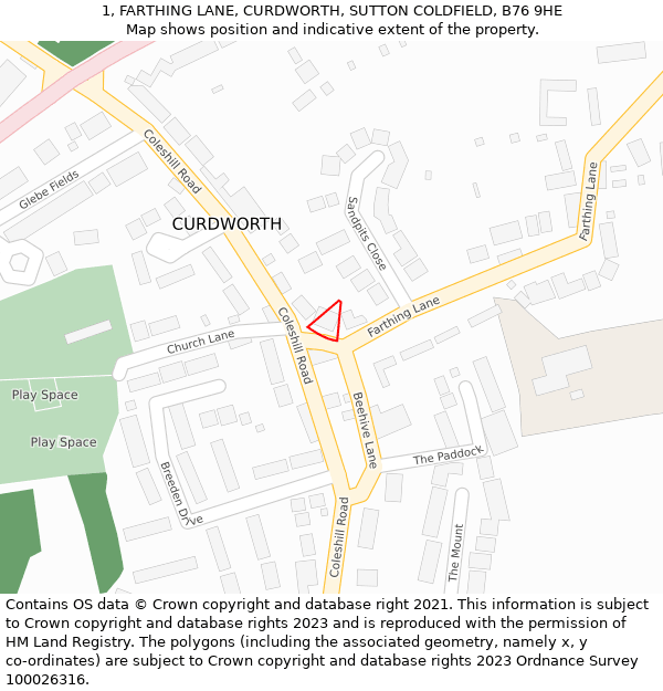 1, FARTHING LANE, CURDWORTH, SUTTON COLDFIELD, B76 9HE: Location map and indicative extent of plot