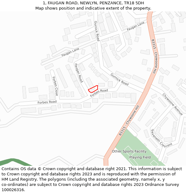 1, FAUGAN ROAD, NEWLYN, PENZANCE, TR18 5DH: Location map and indicative extent of plot