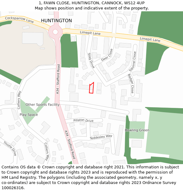 1, FAWN CLOSE, HUNTINGTON, CANNOCK, WS12 4UP: Location map and indicative extent of plot