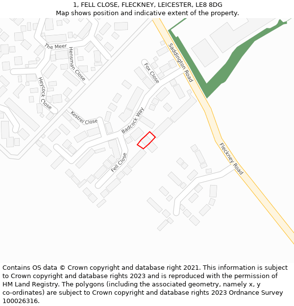 1, FELL CLOSE, FLECKNEY, LEICESTER, LE8 8DG: Location map and indicative extent of plot
