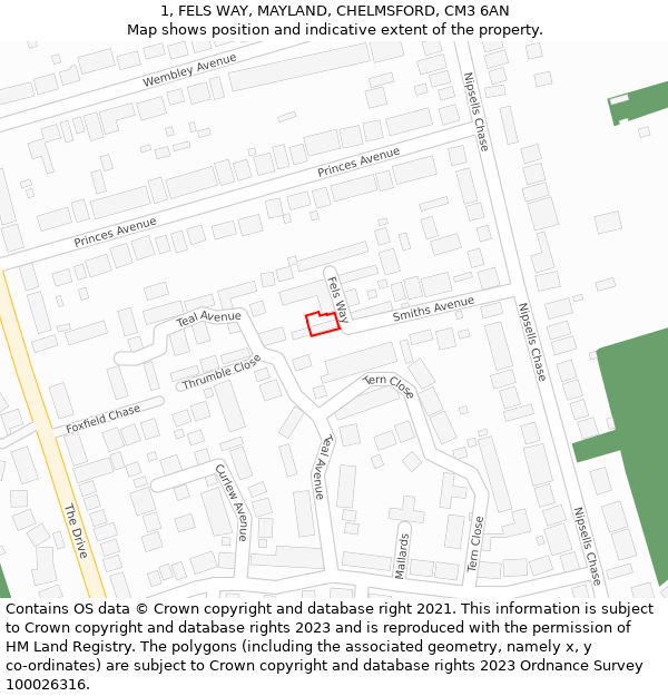 1, FELS WAY, MAYLAND, CHELMSFORD, CM3 6AN: Location map and indicative extent of plot