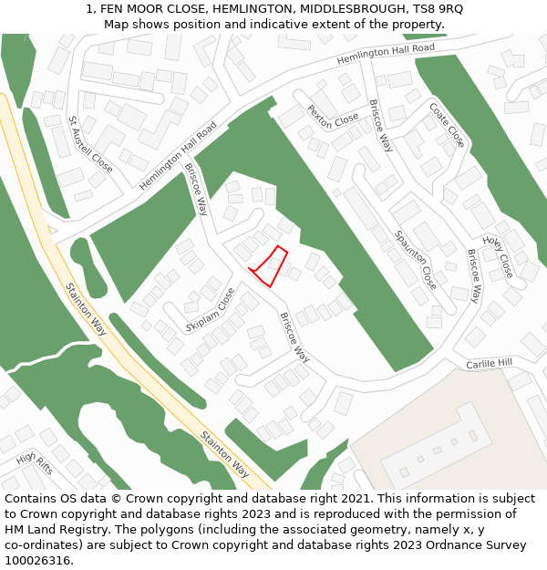 1, FEN MOOR CLOSE, HEMLINGTON, MIDDLESBROUGH, TS8 9RQ: Location map and indicative extent of plot