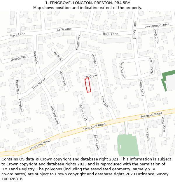1, FENGROVE, LONGTON, PRESTON, PR4 5BA: Location map and indicative extent of plot