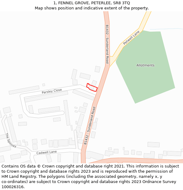 1, FENNEL GROVE, PETERLEE, SR8 3TQ: Location map and indicative extent of plot