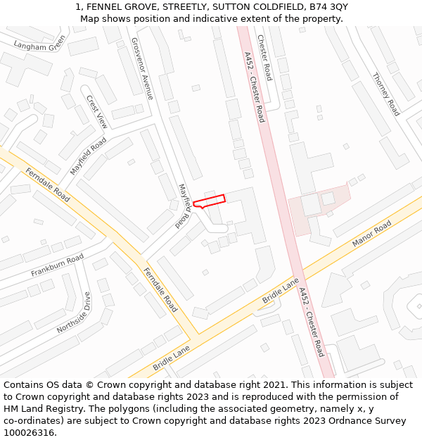 1, FENNEL GROVE, STREETLY, SUTTON COLDFIELD, B74 3QY: Location map and indicative extent of plot