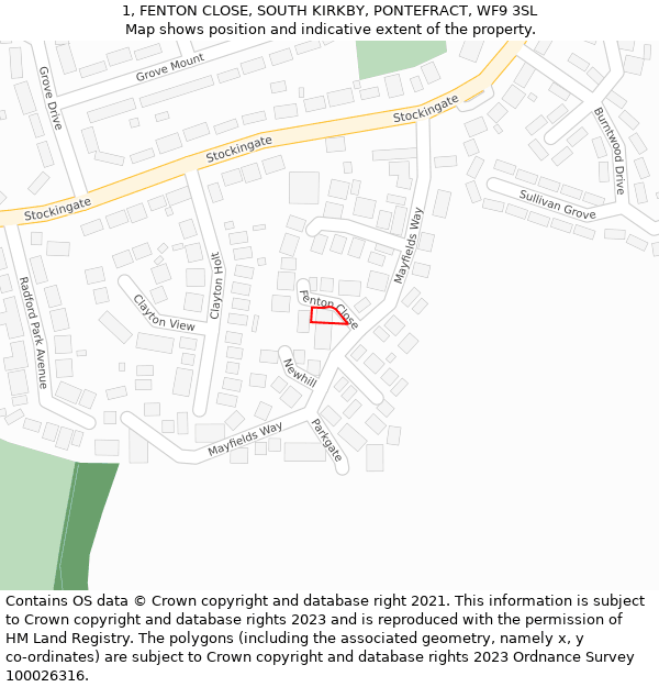 1, FENTON CLOSE, SOUTH KIRKBY, PONTEFRACT, WF9 3SL: Location map and indicative extent of plot