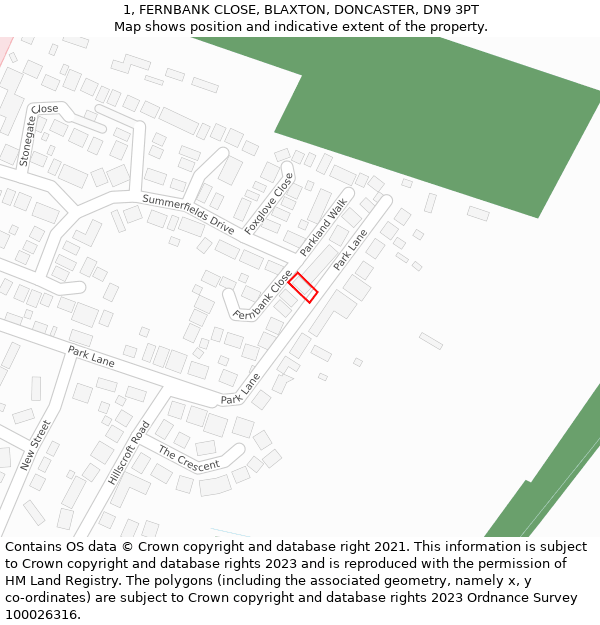 1, FERNBANK CLOSE, BLAXTON, DONCASTER, DN9 3PT: Location map and indicative extent of plot