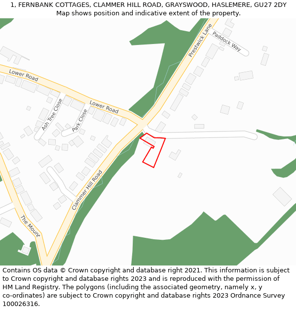 1, FERNBANK COTTAGES, CLAMMER HILL ROAD, GRAYSWOOD, HASLEMERE, GU27 2DY: Location map and indicative extent of plot