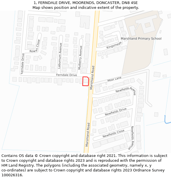 1, FERNDALE DRIVE, MOORENDS, DONCASTER, DN8 4SE: Location map and indicative extent of plot