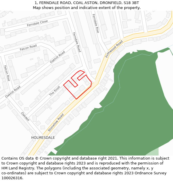 1, FERNDALE ROAD, COAL ASTON, DRONFIELD, S18 3BT: Location map and indicative extent of plot