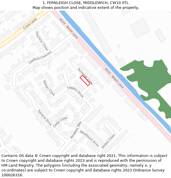 1, FERNLEIGH CLOSE, MIDDLEWICH, CW10 0TL: Location map and indicative extent of plot