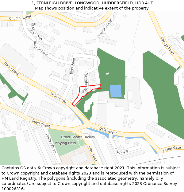 1, FERNLEIGH DRIVE, LONGWOOD, HUDDERSFIELD, HD3 4UT: Location map and indicative extent of plot
