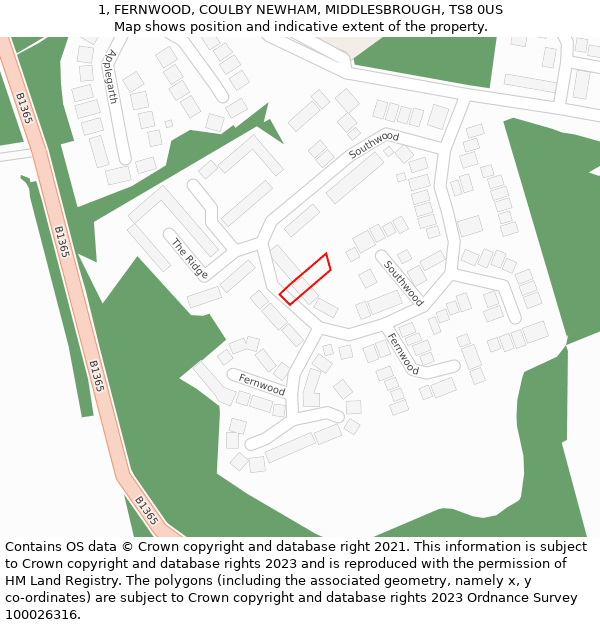 1, FERNWOOD, COULBY NEWHAM, MIDDLESBROUGH, TS8 0US: Location map and indicative extent of plot