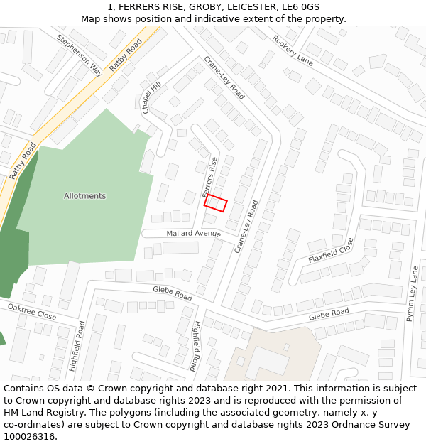 1, FERRERS RISE, GROBY, LEICESTER, LE6 0GS: Location map and indicative extent of plot