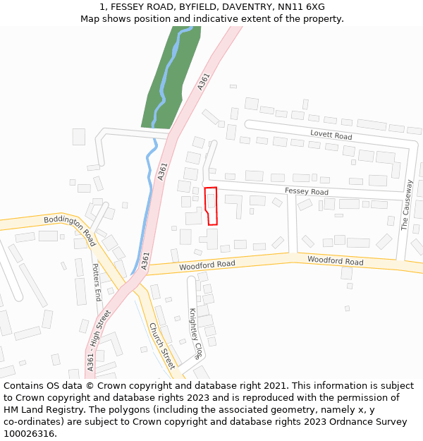 1, FESSEY ROAD, BYFIELD, DAVENTRY, NN11 6XG: Location map and indicative extent of plot