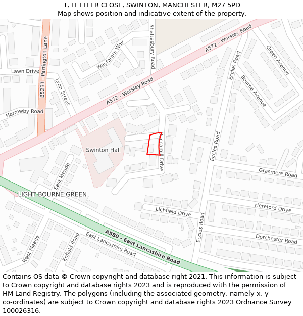 1, FETTLER CLOSE, SWINTON, MANCHESTER, M27 5PD: Location map and indicative extent of plot