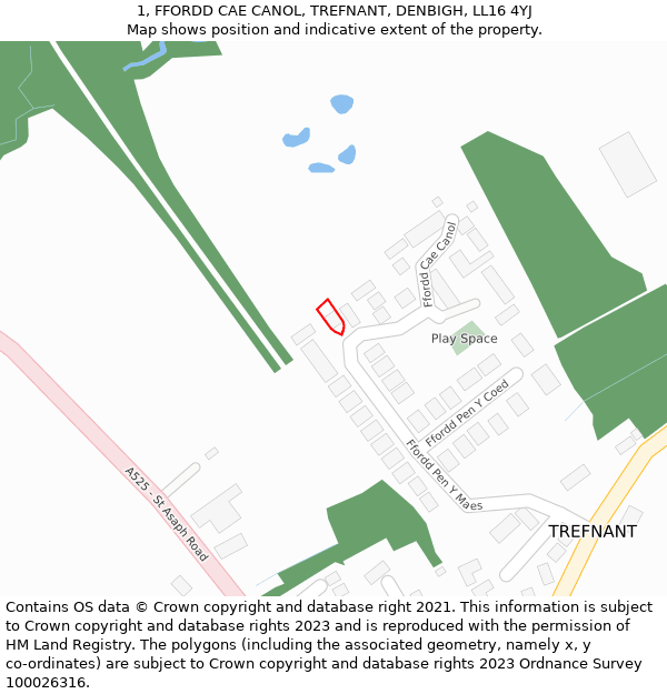 1, FFORDD CAE CANOL, TREFNANT, DENBIGH, LL16 4YJ: Location map and indicative extent of plot