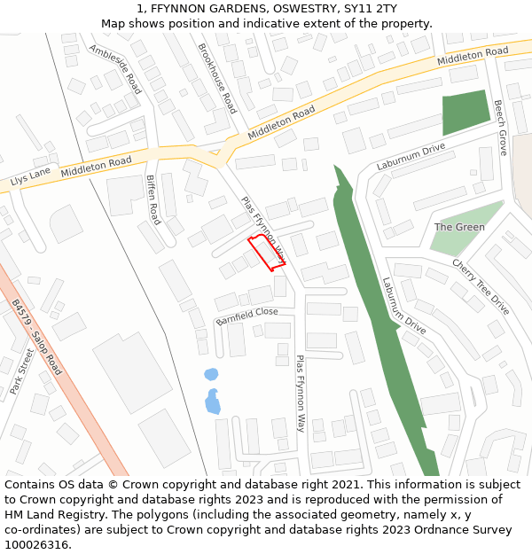 1, FFYNNON GARDENS, OSWESTRY, SY11 2TY: Location map and indicative extent of plot