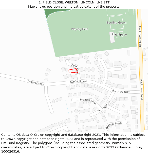 1, FIELD CLOSE, WELTON, LINCOLN, LN2 3TT: Location map and indicative extent of plot