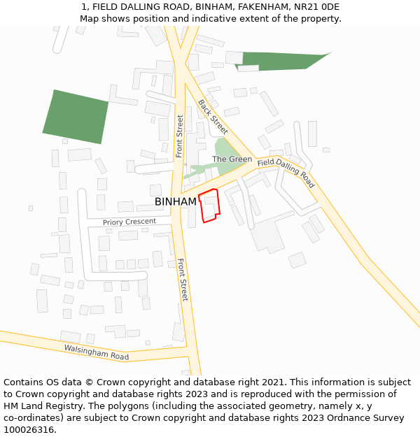 1, FIELD DALLING ROAD, BINHAM, FAKENHAM, NR21 0DE: Location map and indicative extent of plot