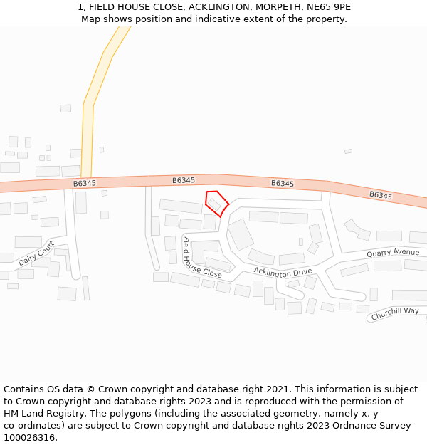 1, FIELD HOUSE CLOSE, ACKLINGTON, MORPETH, NE65 9PE: Location map and indicative extent of plot