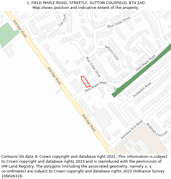 1, FIELD MAPLE ROAD, STREETLY, SUTTON COLDFIELD, B74 2AD: Location map and indicative extent of plot