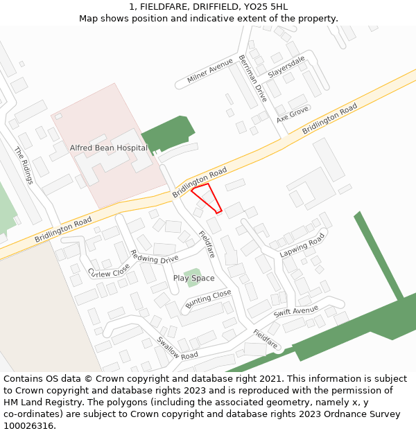 1, FIELDFARE, DRIFFIELD, YO25 5HL: Location map and indicative extent of plot