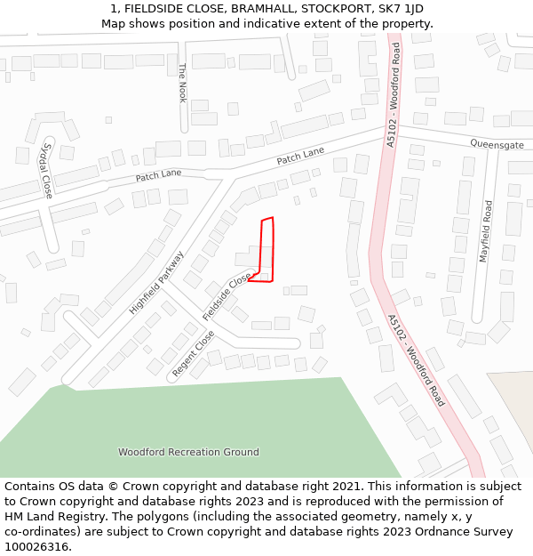 1, FIELDSIDE CLOSE, BRAMHALL, STOCKPORT, SK7 1JD: Location map and indicative extent of plot