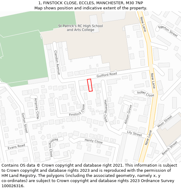 1, FINSTOCK CLOSE, ECCLES, MANCHESTER, M30 7NP: Location map and indicative extent of plot