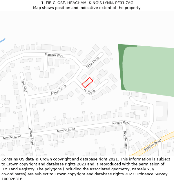 1, FIR CLOSE, HEACHAM, KING'S LYNN, PE31 7AG: Location map and indicative extent of plot