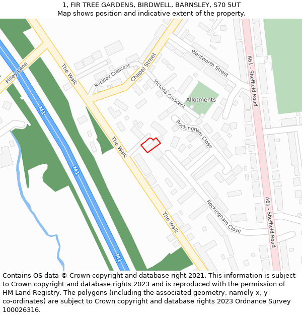 1, FIR TREE GARDENS, BIRDWELL, BARNSLEY, S70 5UT: Location map and indicative extent of plot