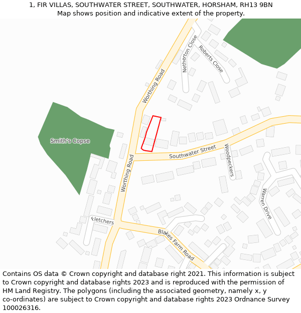 1, FIR VILLAS, SOUTHWATER STREET, SOUTHWATER, HORSHAM, RH13 9BN: Location map and indicative extent of plot