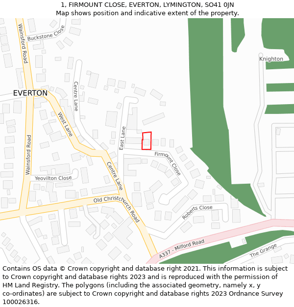 1, FIRMOUNT CLOSE, EVERTON, LYMINGTON, SO41 0JN: Location map and indicative extent of plot