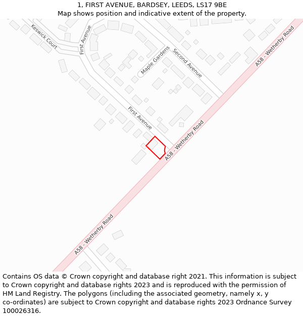 1, FIRST AVENUE, BARDSEY, LEEDS, LS17 9BE: Location map and indicative extent of plot