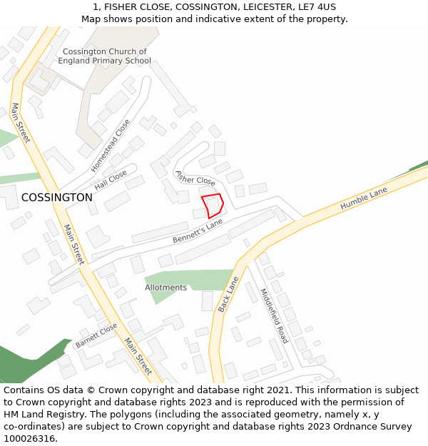 1, FISHER CLOSE, COSSINGTON, LEICESTER, LE7 4US: Location map and indicative extent of plot