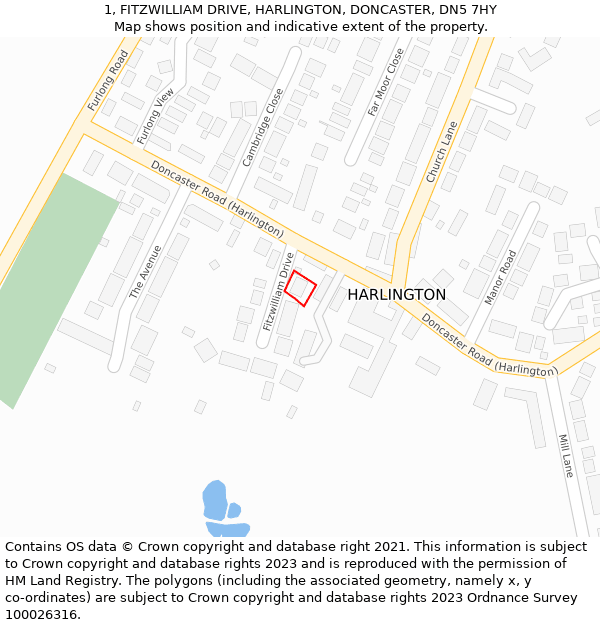 1, FITZWILLIAM DRIVE, HARLINGTON, DONCASTER, DN5 7HY: Location map and indicative extent of plot
