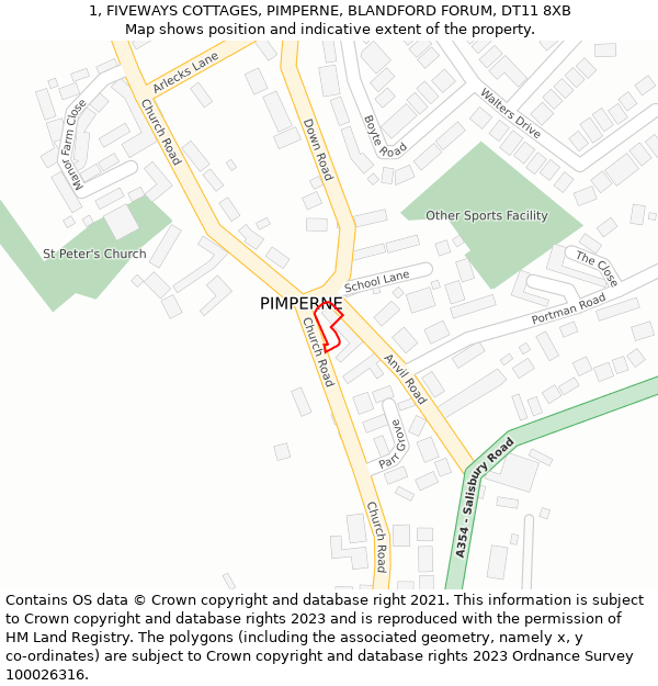 1, FIVEWAYS COTTAGES, PIMPERNE, BLANDFORD FORUM, DT11 8XB: Location map and indicative extent of plot