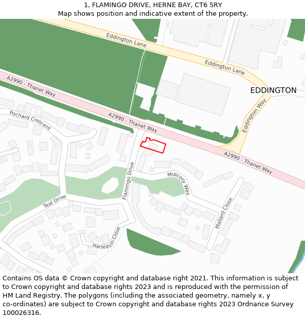 1, FLAMINGO DRIVE, HERNE BAY, CT6 5RY: Location map and indicative extent of plot