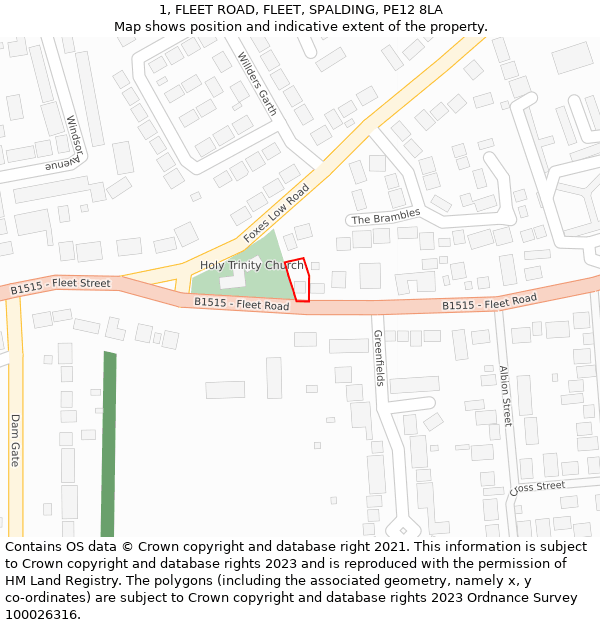 1, FLEET ROAD, FLEET, SPALDING, PE12 8LA: Location map and indicative extent of plot