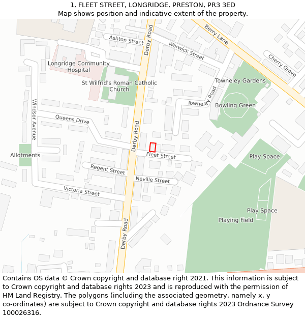 1, FLEET STREET, LONGRIDGE, PRESTON, PR3 3ED: Location map and indicative extent of plot
